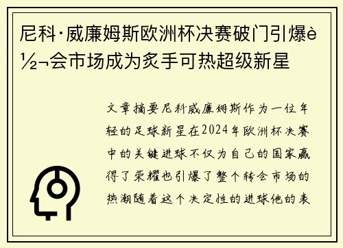 尼科·威廉姆斯欧洲杯决赛破门引爆转会市场成为炙手可热超级新星